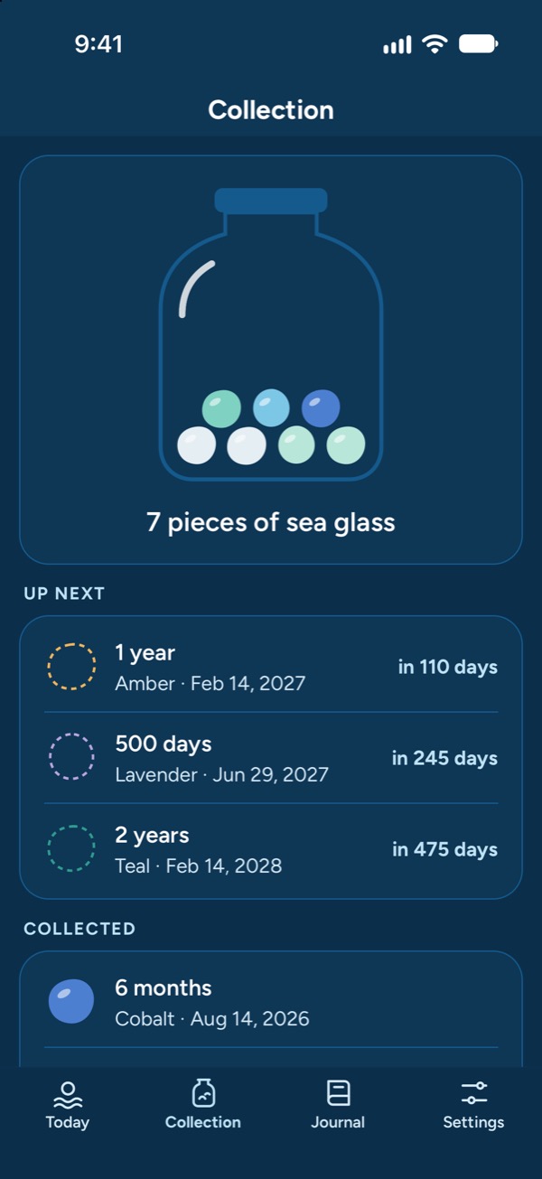 The Collection: a jar with seven pieces of sea glass, and the next milestones, starting with 1 year in 110 days.