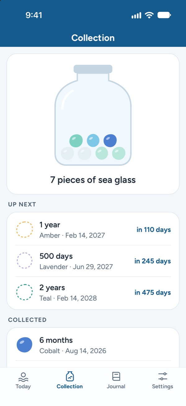 The Collection: a jar with seven pieces of sea glass, and the next milestones, starting with 1 year in 110 days.