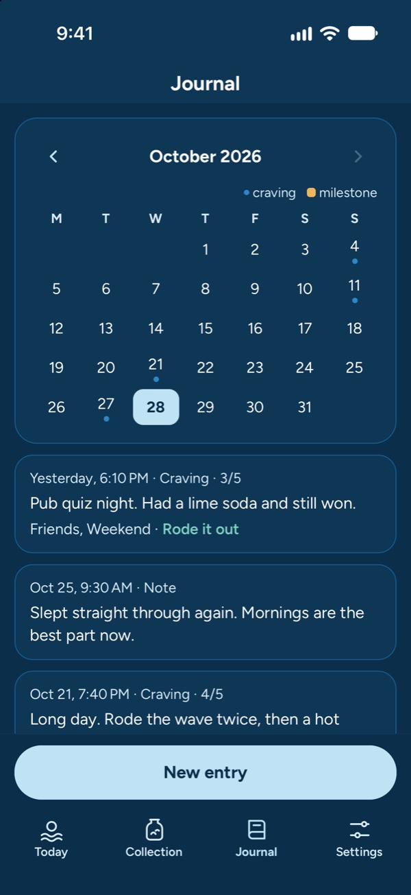 The Journal: October on a calendar with cravings marked, and entries below, like “Pub quiz night. Had a lime soda and still won.”