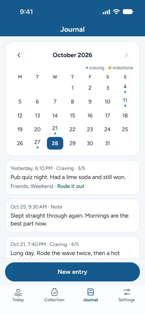 The Journal: October on a calendar with cravings marked, and entries below, like “Pub quiz night. Had a lime soda and still won.”