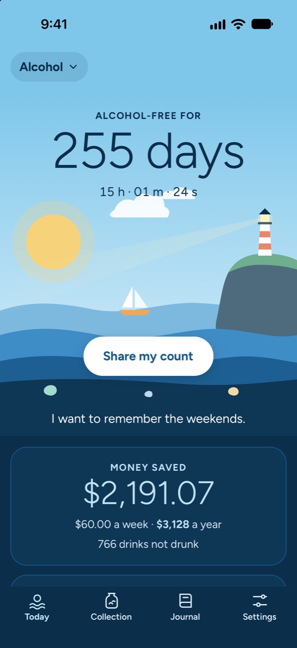 Today in Seaglass: alcohol-free for 255 days, over a sunny sea with a lighthouse, and $2,191.06 saved.