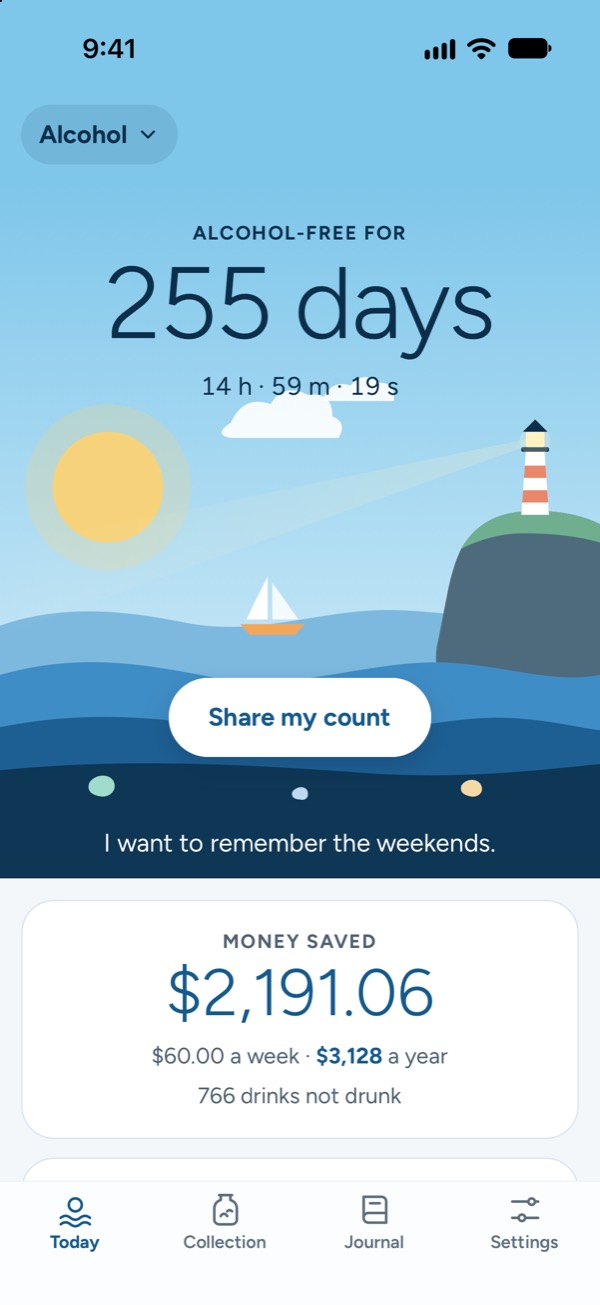 Today in Seaglass: alcohol-free for 255 days, over a sunny sea with a lighthouse, and $2,191.06 saved.