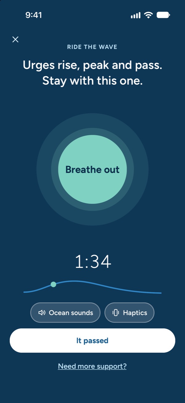 Ride the wave: a breathing circle that says “Breathe out”, 1:34 left, and the curve of the craving.